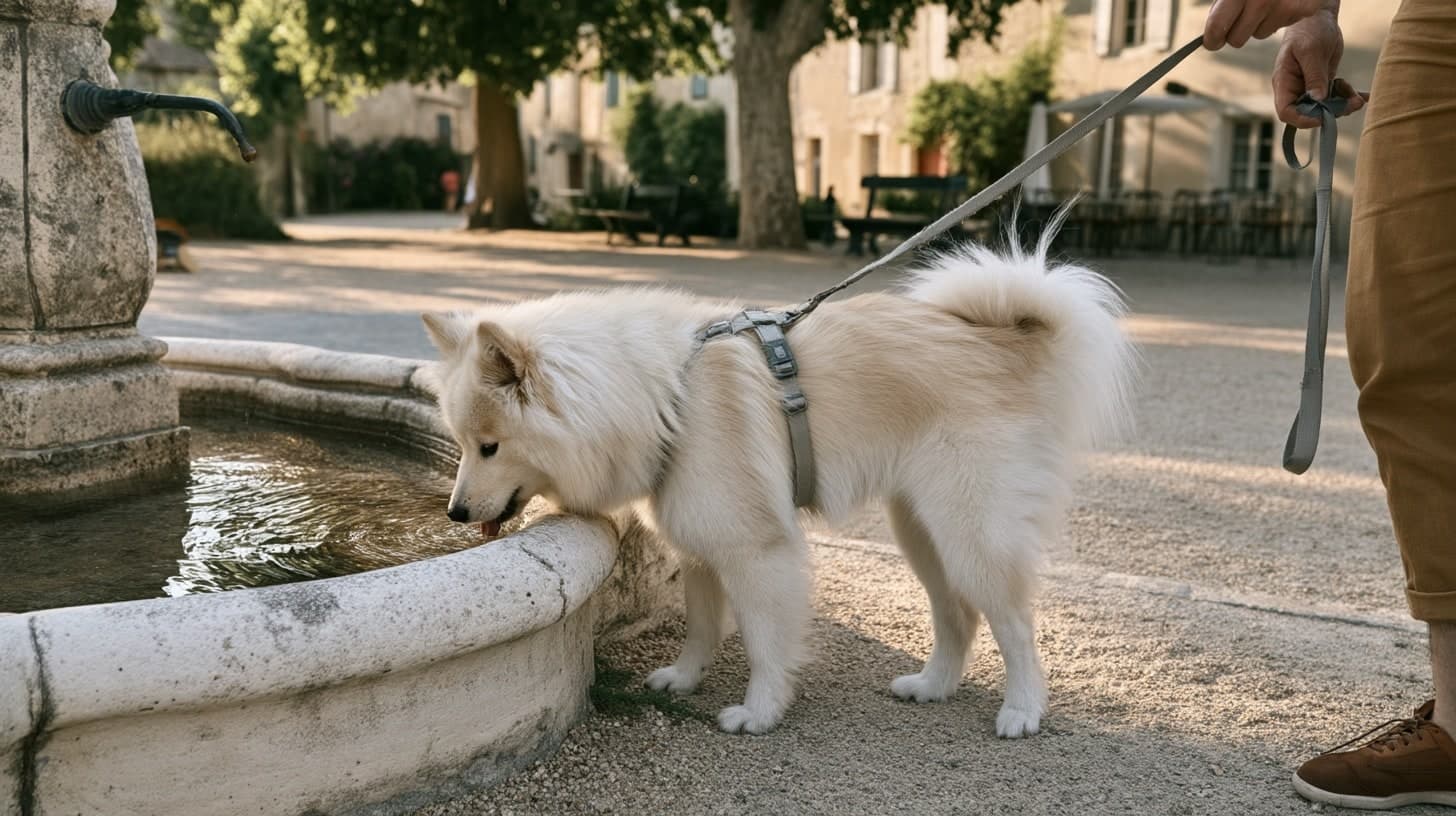 Aïko approche son museau de l’eau d’un bassin en pierre, tenu en laisse près d’une fontaine de village.