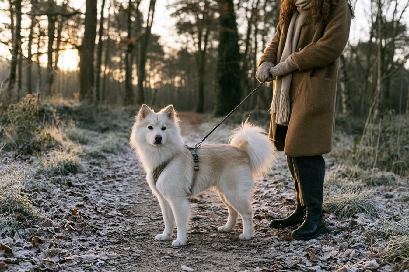 Aïko se tient en laisse sur un sentier forestier couvert de givre, à côté d’une personne en manteau.