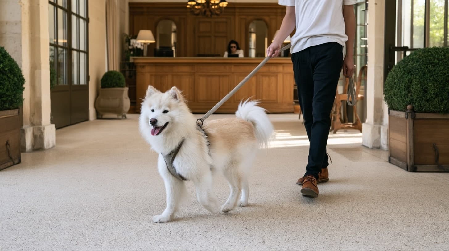 Aïko traverse un hall d’hôtel lumineux en harnais, accompagné d’une personne tenant sa laisse.