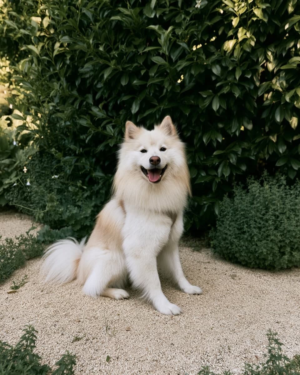 Aïko est assis sur une allée de gravier dans un jardin, devant une haie et des buis.