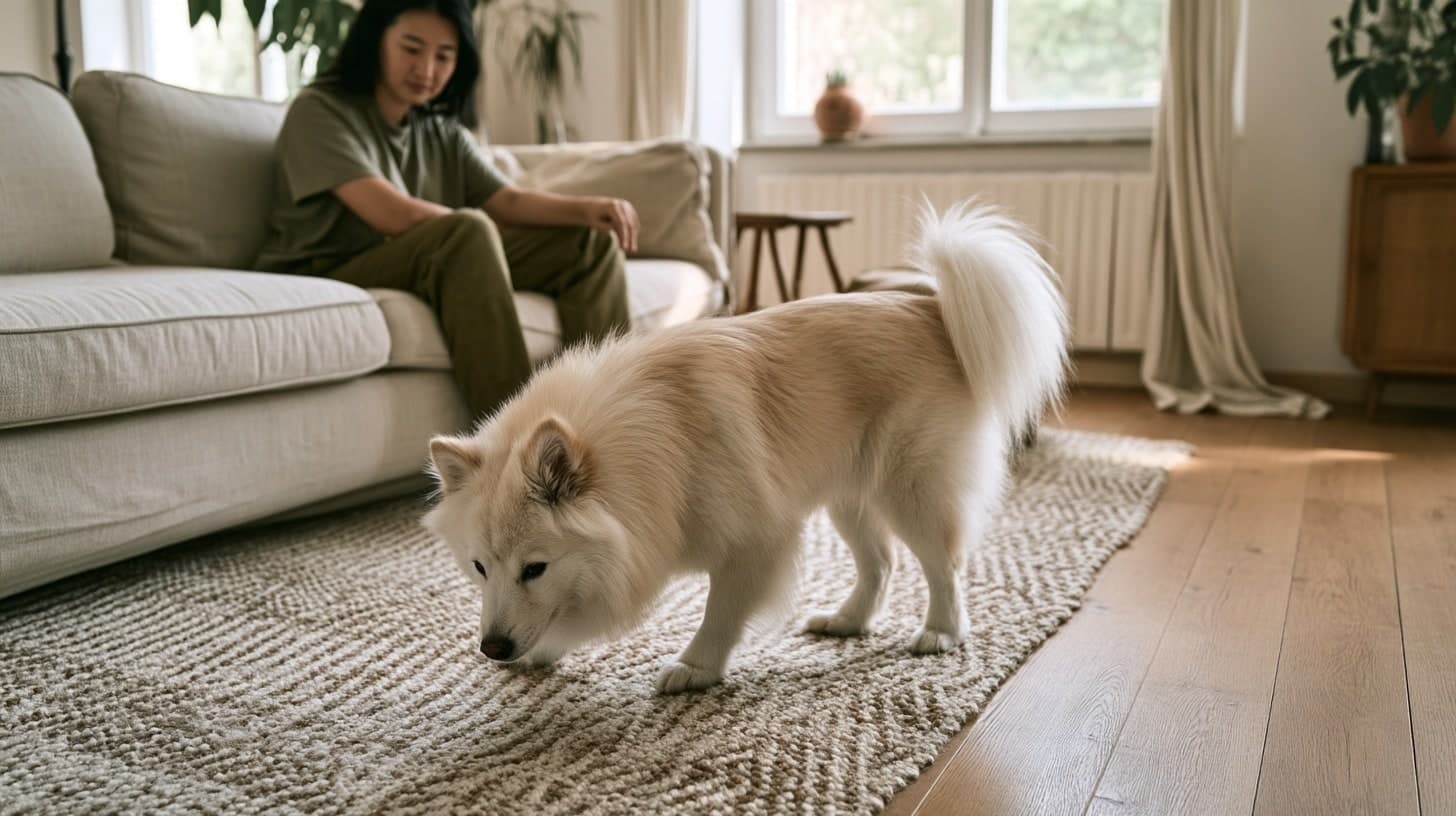 Aïko renifle un tapis dans un salon lumineux, devant une femme assise sur un canapé clair.