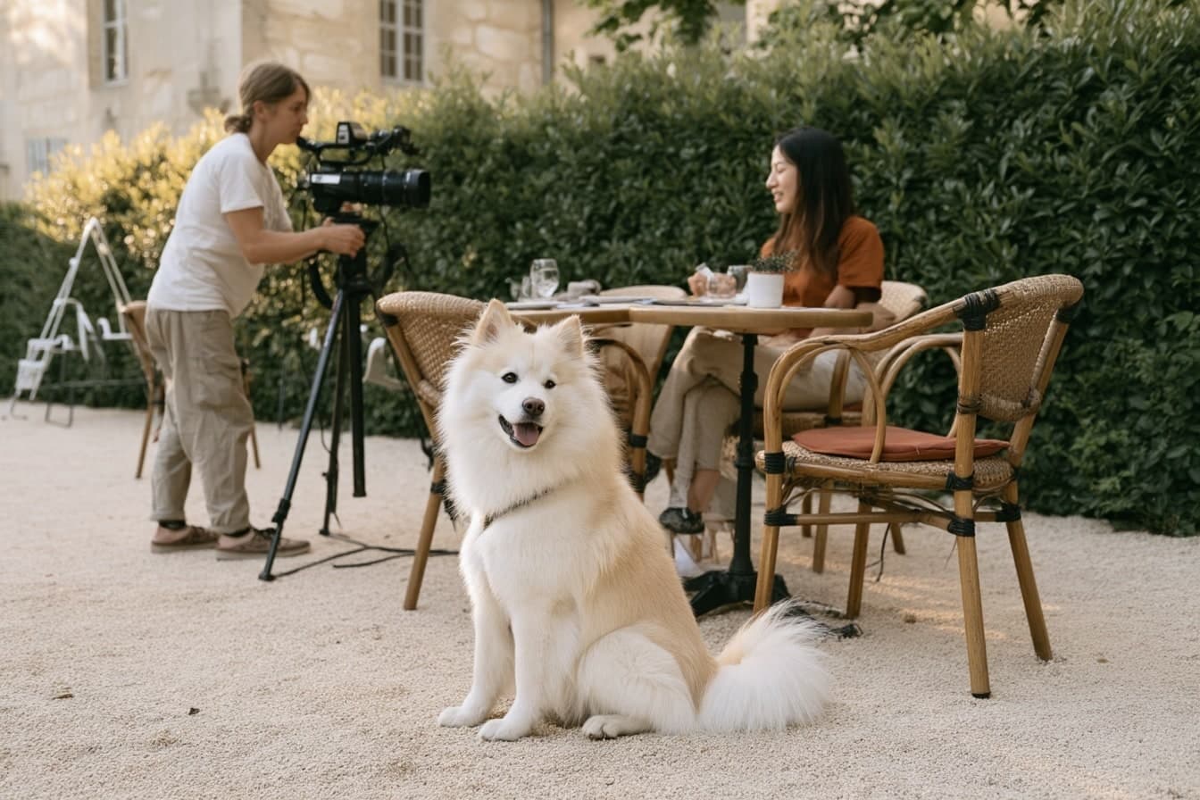 Aïko est assis devant une table de terrasse, près d’une personne attablée et d’une cadreuse derrière sa caméra.