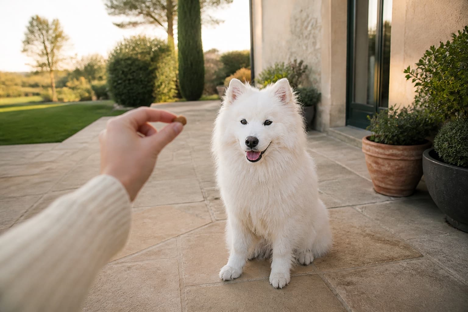 Une main tend une friandise à un chien blanc à poil long assis sur une terrasse.