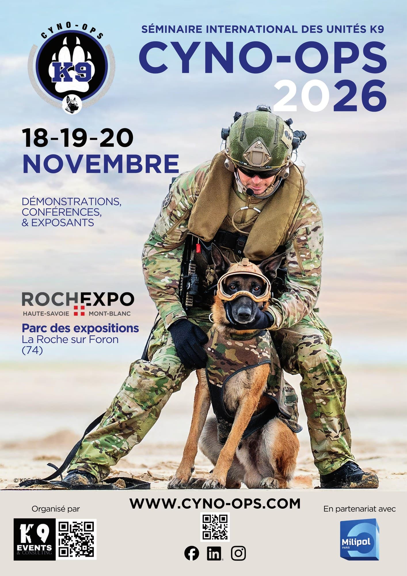 Affiche verticale de Cyno-Ops 2026 montrant un opérateur équipé avec un chien d'intervention, les dates et le lieu du séminaire