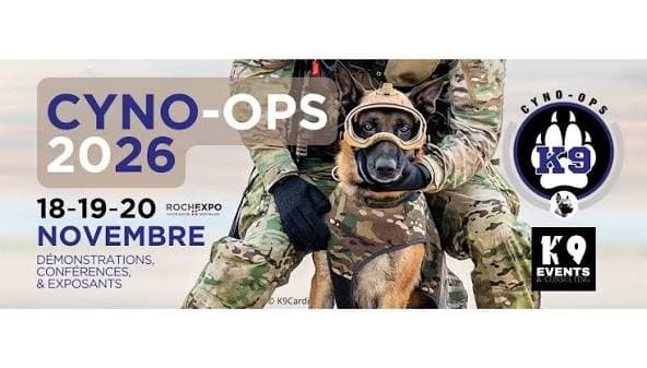 Bannière de Cyno-Ops 2026 avec un chien d'intervention équipé et les dates du 18 au 20 novembre