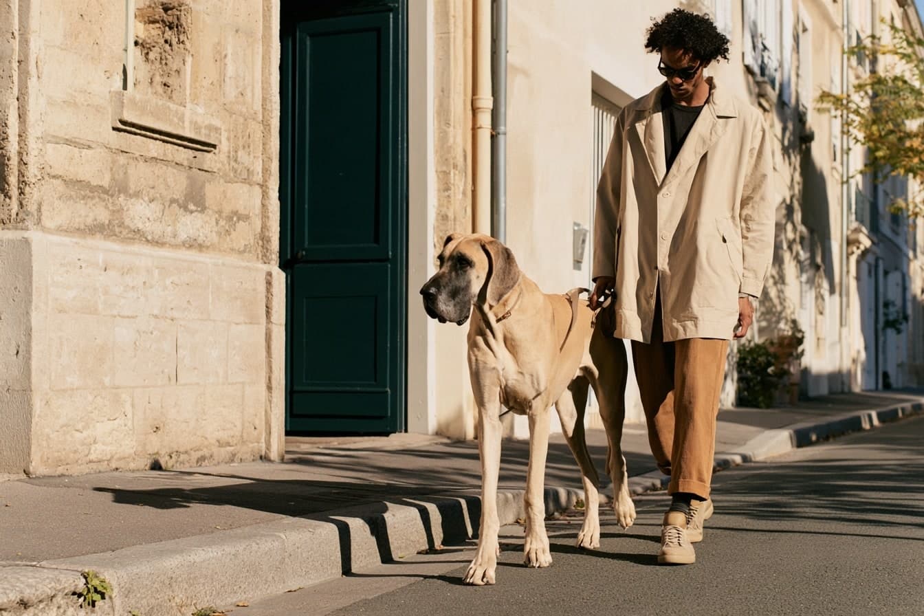 Un dogue allemand fauve marche à côté d’un homme dans une rue en pierre, devant une porte vert profond.