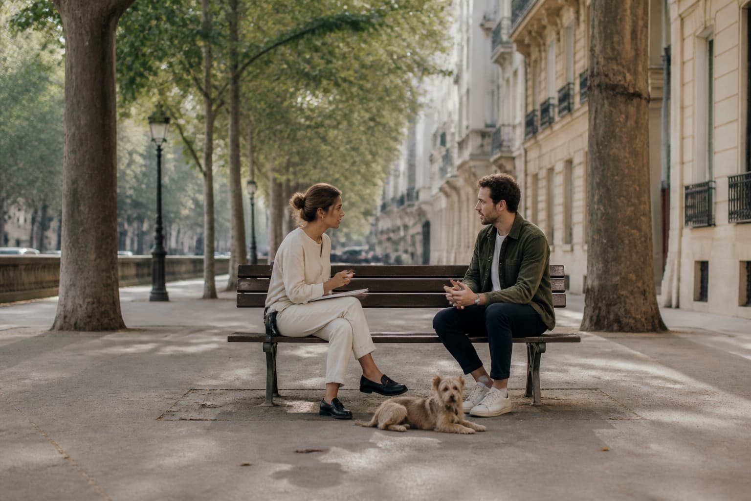 Deux personnes échangent sur un banc dans une allée arborée, un petit chien couché à leurs pieds.