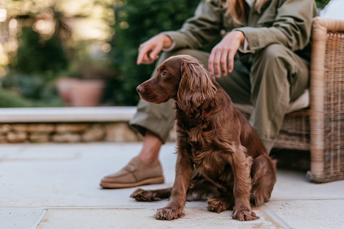 Un chien brun aux longues oreilles est assis de profil près d’une personne sur une terrasse.