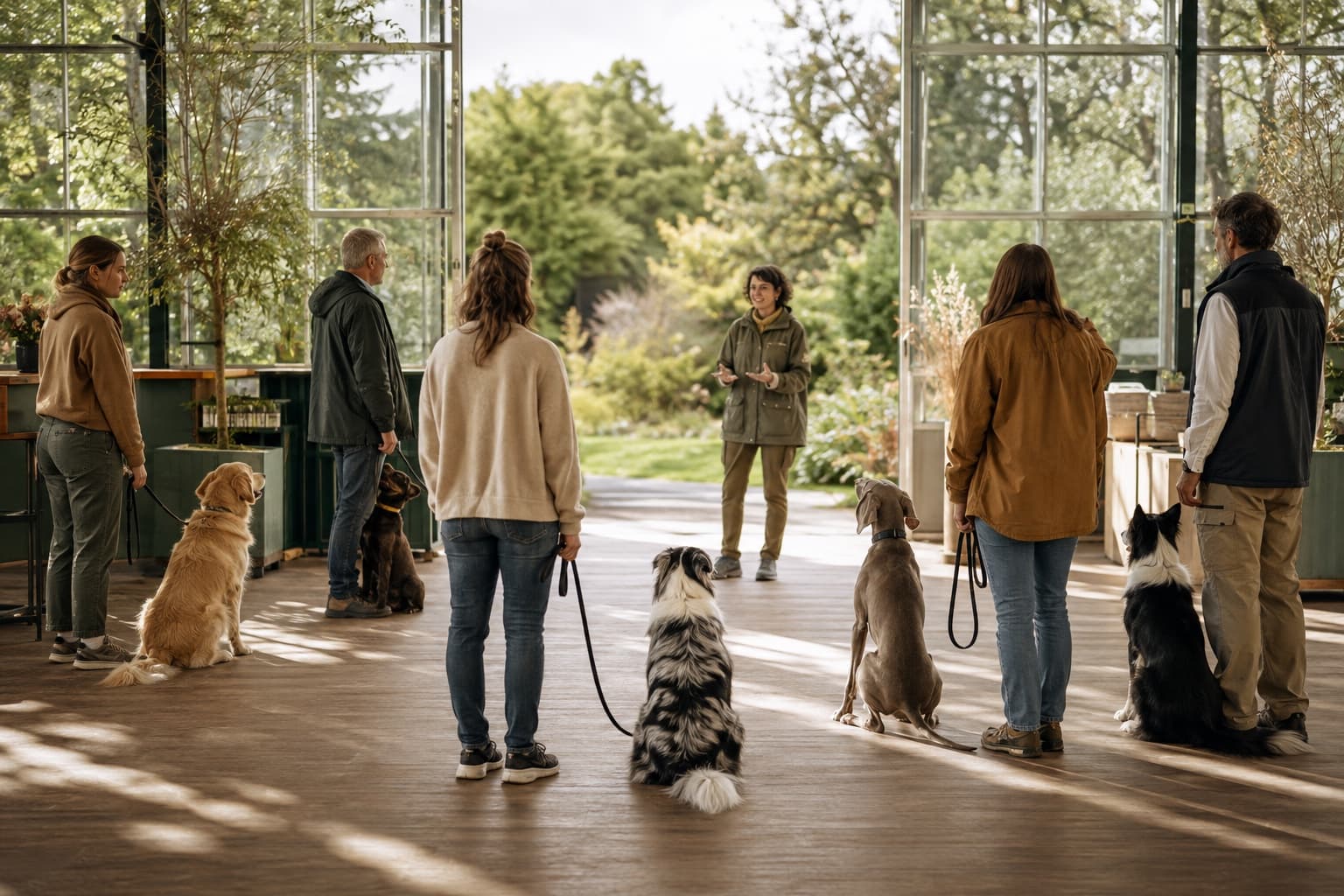 Atelier collectif d'éducation canine dans une halle lumineuse ouverte sur un jardin