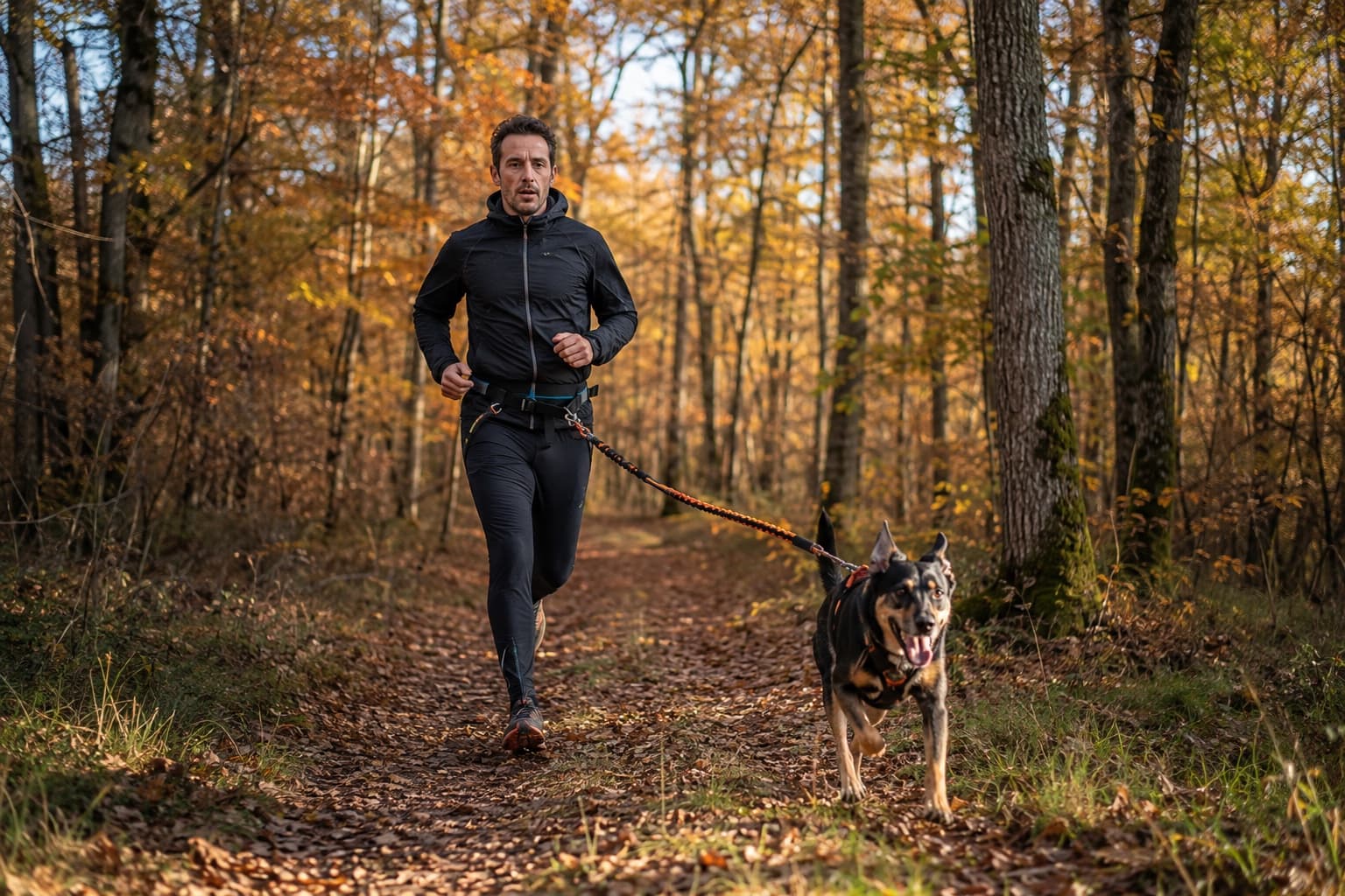 Coureur et chien équipé d'un harnais avançant sur un sentier forestier en automne