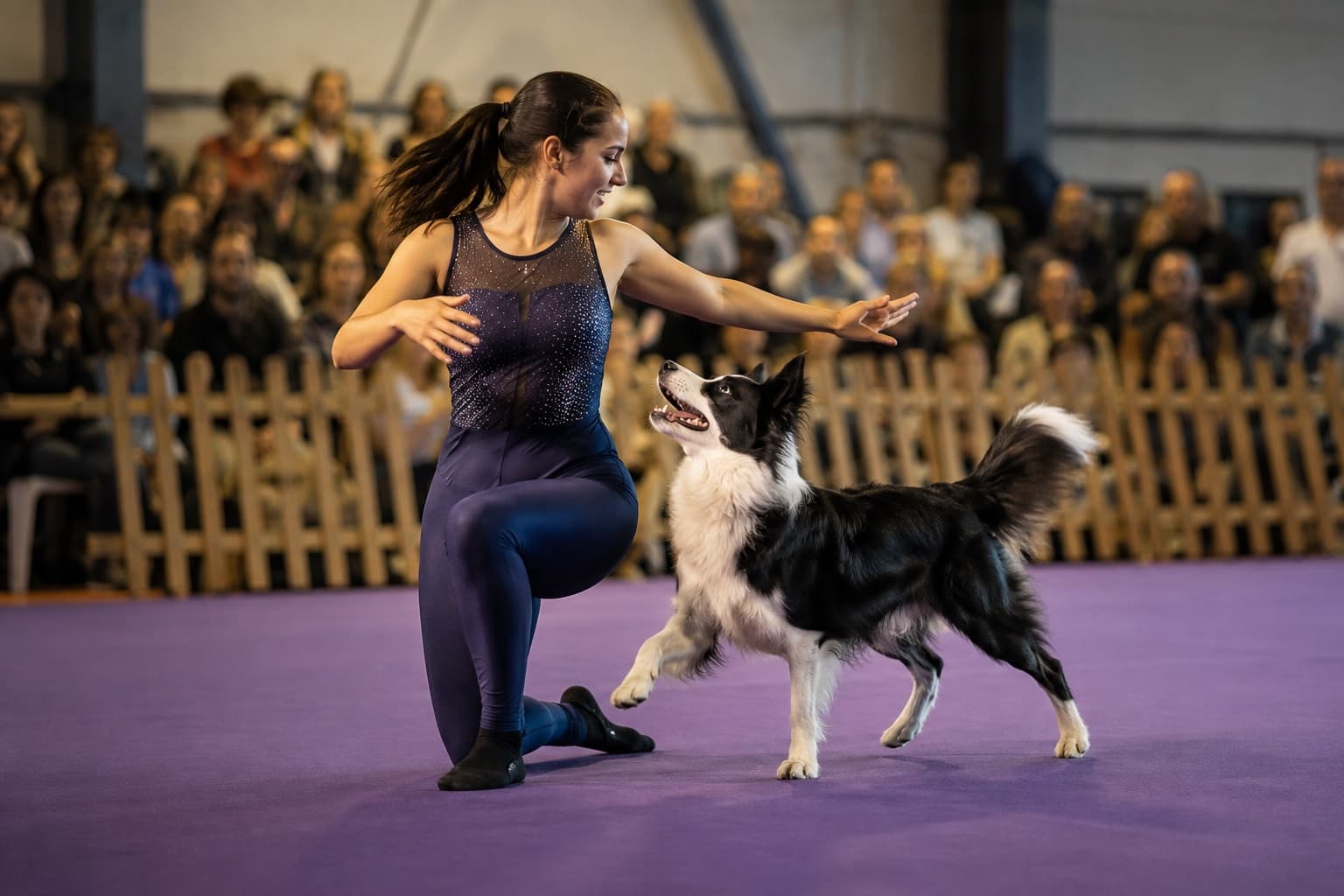 Conductrice et border collie réalisant une chorégraphie de dog dancing