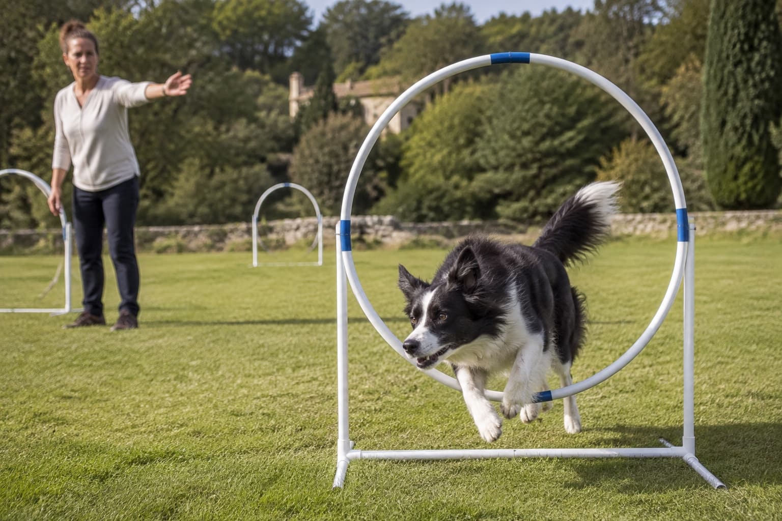 Border collie traversant une arche de hoopers guidé à distance
