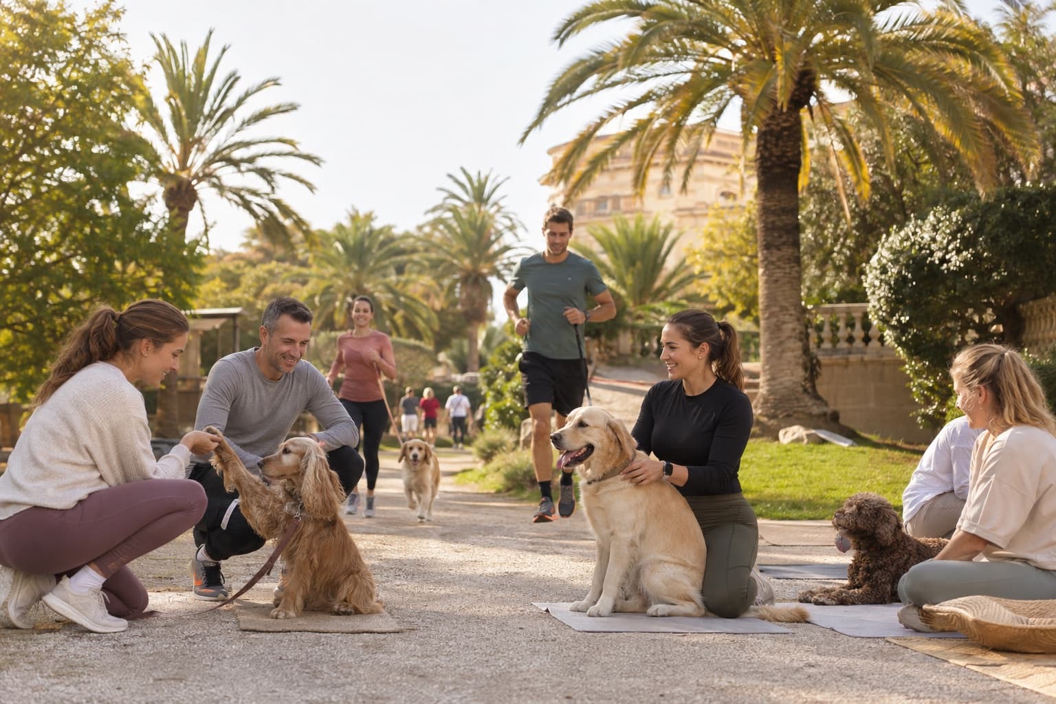 Propriétaires et chiens réunis pour des activités dans un jardin méditerranéen