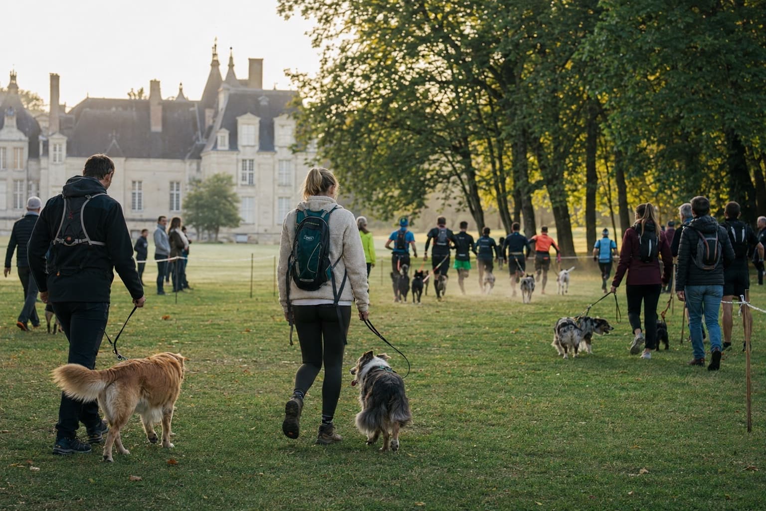 Participants marchant et courant avec leurs chiens dans le parc d'un château