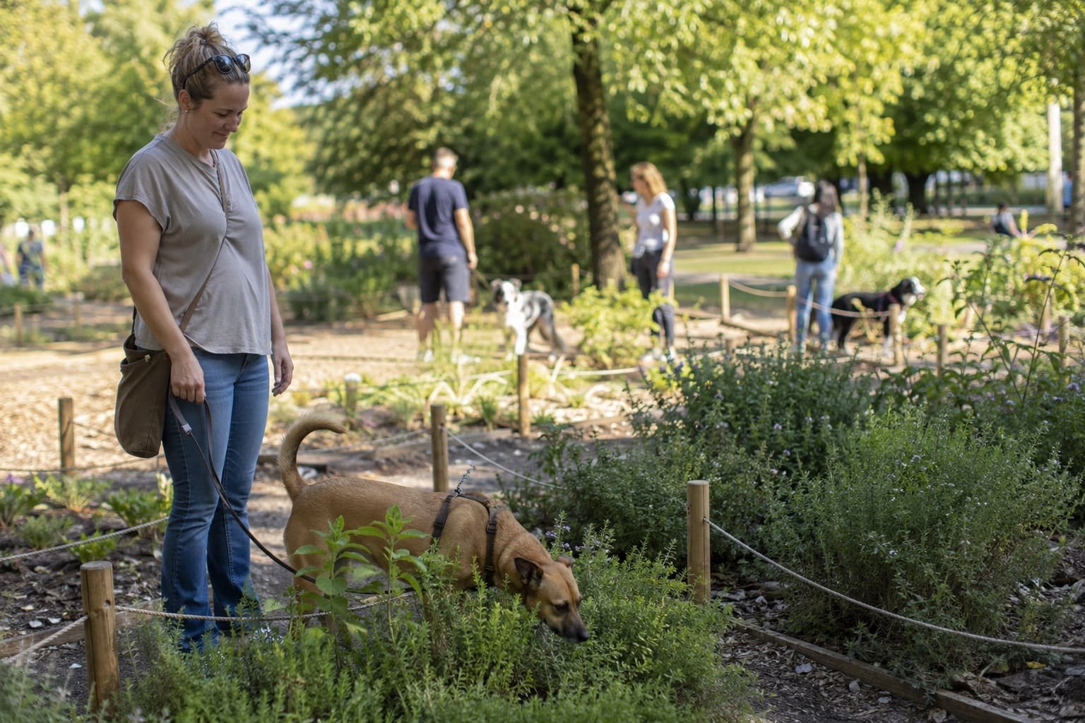 Chien explorant un jardin sensoriel accompagné de sa gardienne