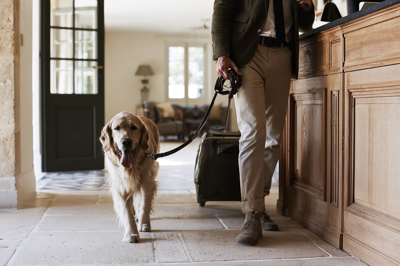 Un golden retriever accompagne un voyageur avec un sac près du comptoir en bois d’un hôtel.