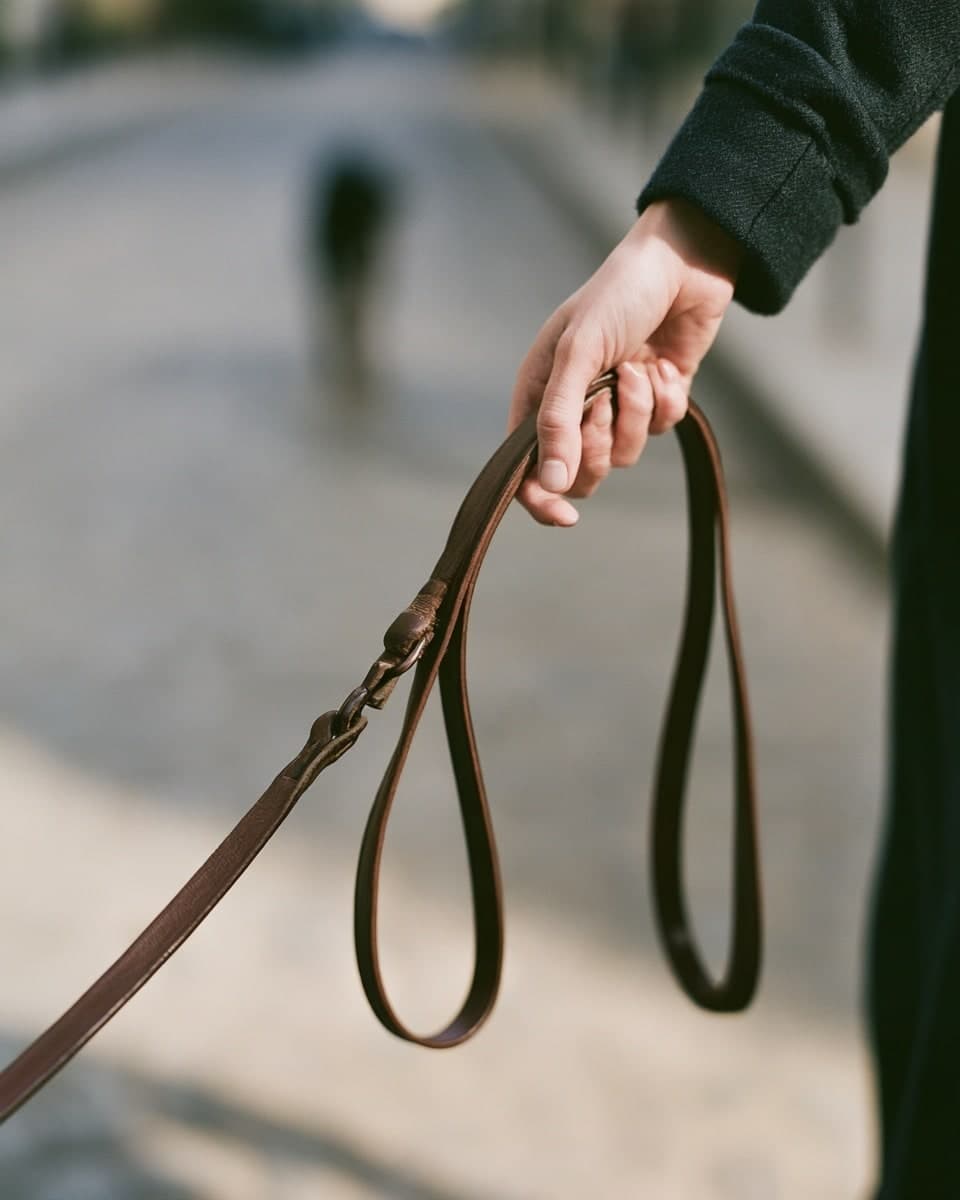 Une main tient les boucles d’une laisse en cuir brun, sur un fond de rue flou.