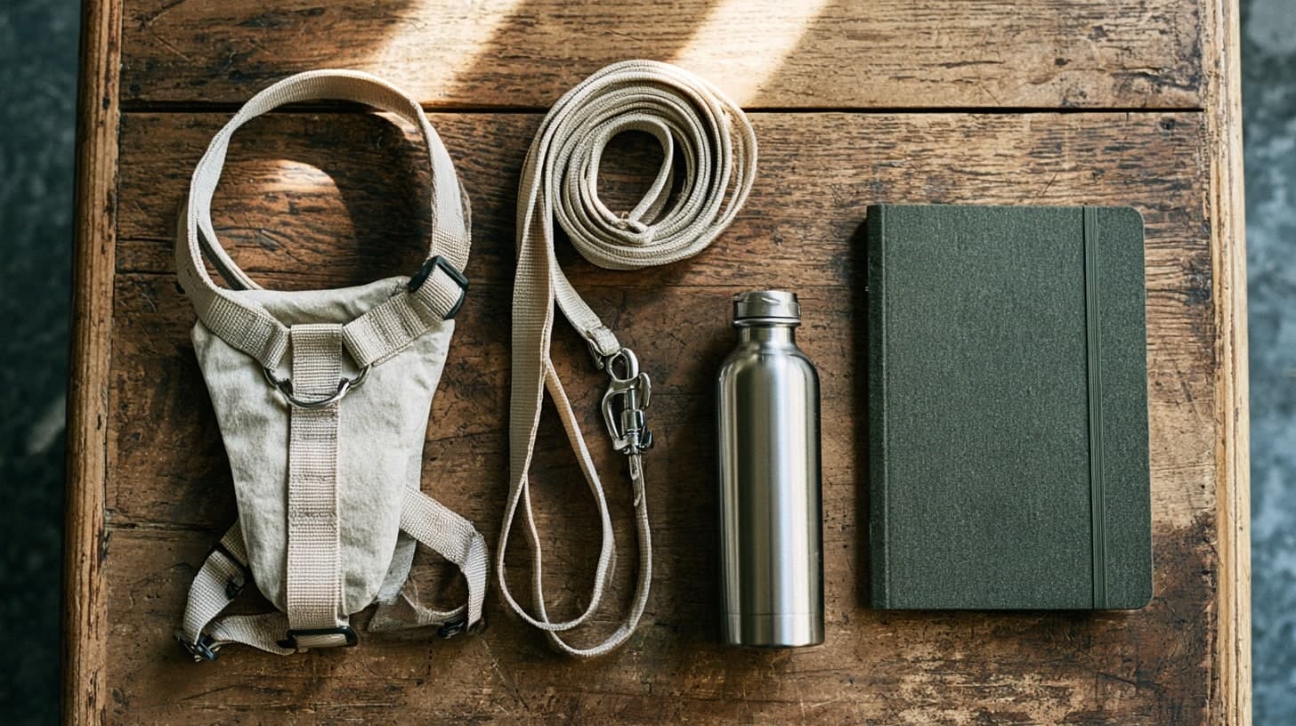 Un harnais, une laisse enroulée, une gourde métallique et un carnet vert sont disposés sur une table en bois.