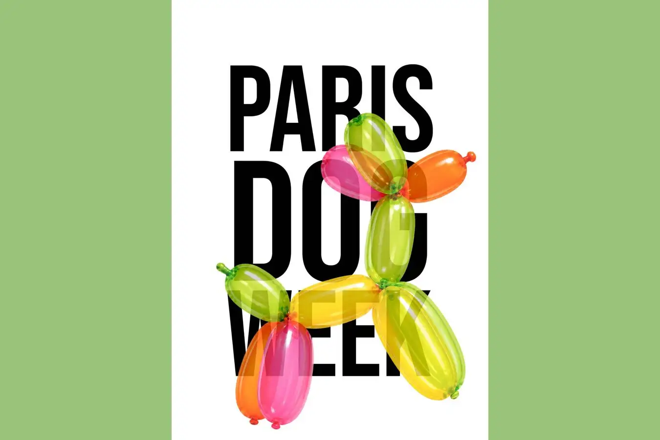 Affiche Paris Dog Week 2026 avec un chien formé de ballons multicolores sur fond blanc et vert