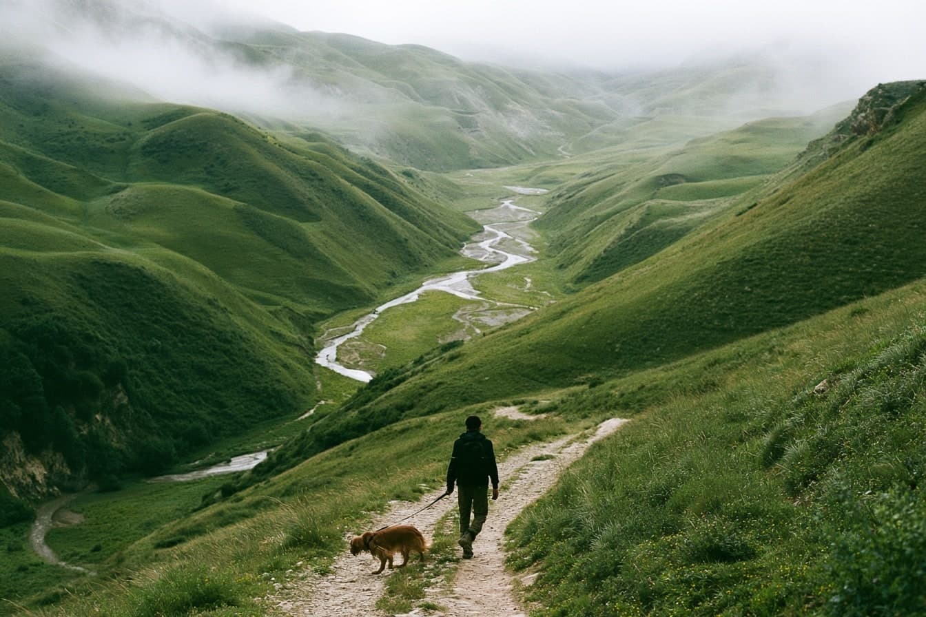 Un marcheur et son chien brun suivent un sentier au-dessus d’une vallée verte traversée par une rivière.