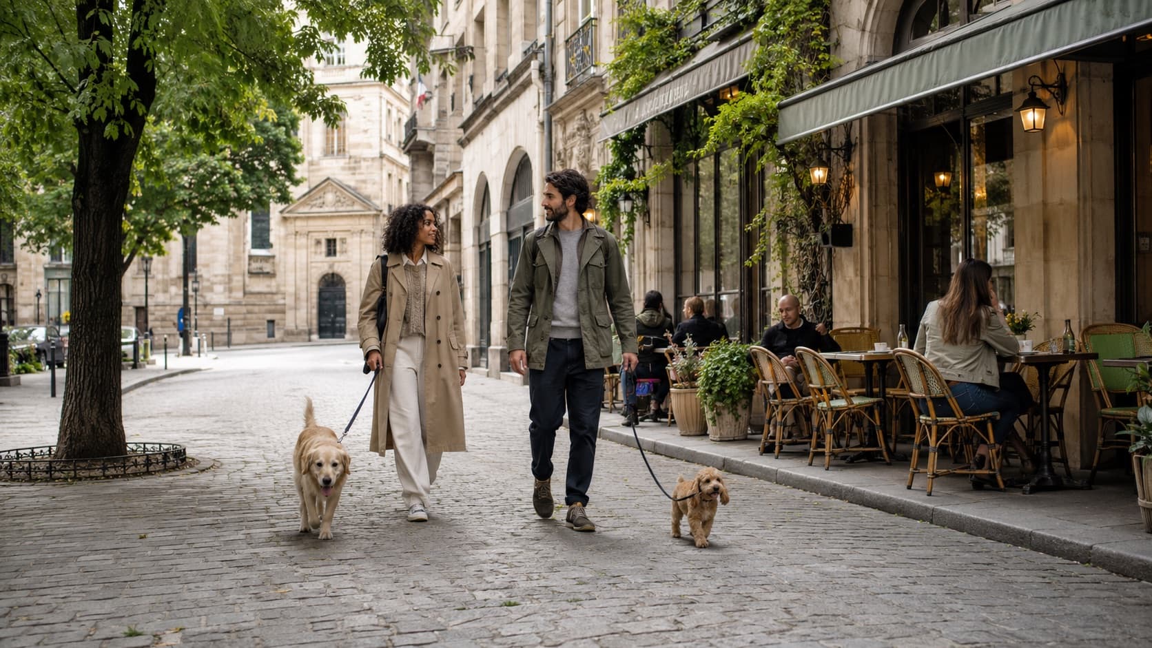 Deux personnes promènent deux chiens en laisse dans une rue pavée bordée de terrasses de café.