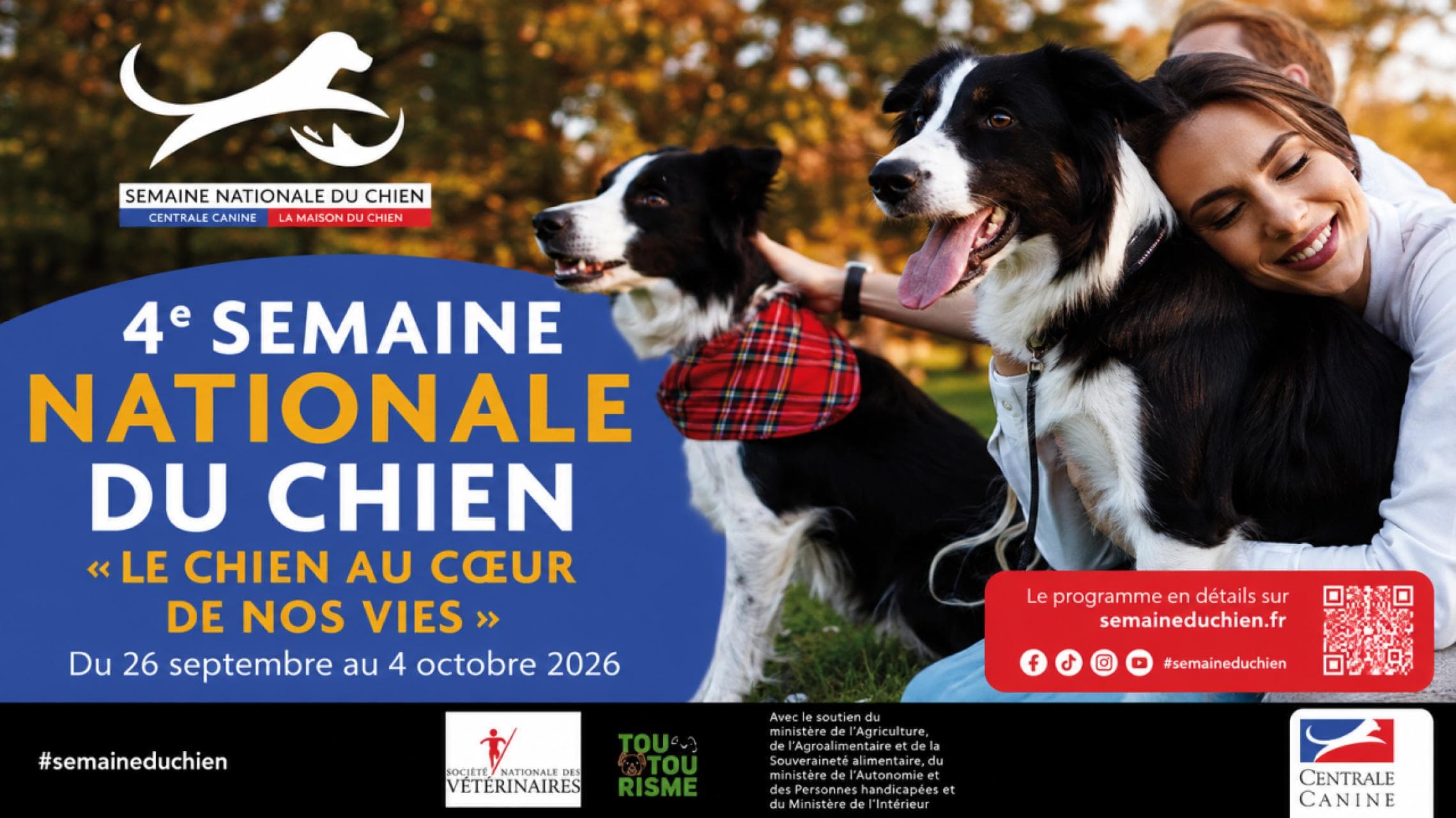 Affiche de la quatrième Semaine nationale du chien montrant deux border collies et une femme, avec les dates du 26 septembre au 4 octobre 2026